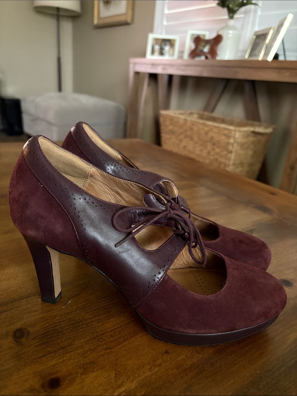 Clarks Women's Plum Two-Tone Suede & Leather Mary Jane Heels